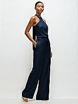 Side View Thumbnail - Midnight Navy Pleated Halter Blouson Crepe Wedding Jumpsuit with Self-Tie Bow Back