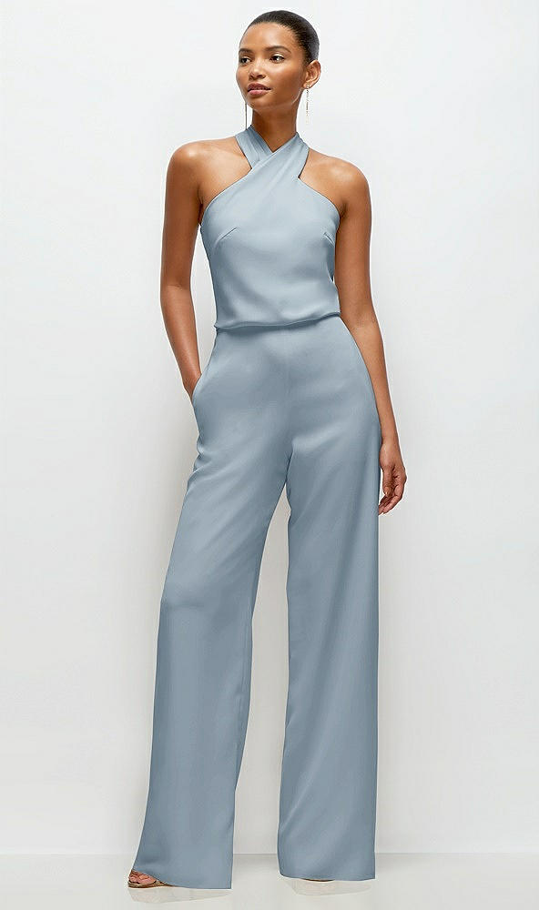 Front View - Mist Pleated Halter Blouson Crepe Wedding Jumpsuit with Self-Tie Bow Back