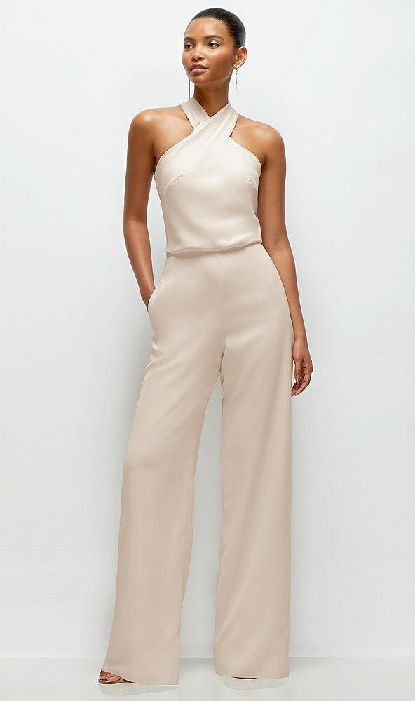 Front View - Oat Pleated Halter Blouson Crepe Wedding Jumpsuit with Self-Tie Bow Back