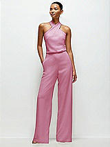 Front View Thumbnail - Powder Pink Pleated Halter Blouson Crepe Wedding Jumpsuit with Self-Tie Bow Back