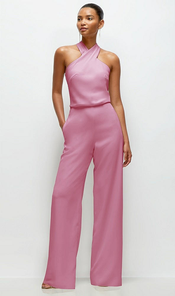 Front View - Powder Pink Pleated Halter Blouson Crepe Wedding Jumpsuit with Self-Tie Bow Back