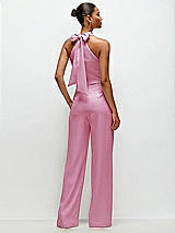 Rear View Thumbnail - Powder Pink Pleated Halter Blouson Crepe Wedding Jumpsuit with Self-Tie Bow Back