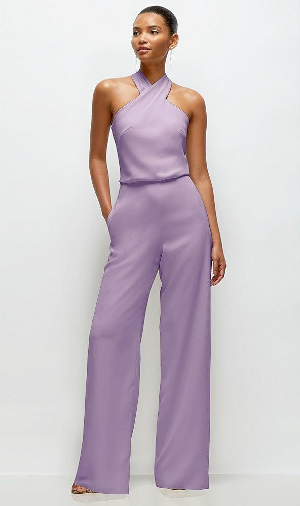 Front View - Pale Purple Pleated Halter Blouson Crepe Wedding Jumpsuit with Self-Tie Bow Back