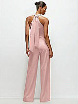 Alt View 1 Thumbnail - Rose - PANTONE Rose Quartz Pleated Halter Blouson Crepe Wedding Jumpsuit with Self-Tie Bow Back