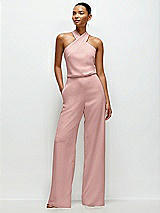 Front View Thumbnail - Rose - PANTONE Rose Quartz Pleated Halter Blouson Crepe Wedding Jumpsuit with Self-Tie Bow Back