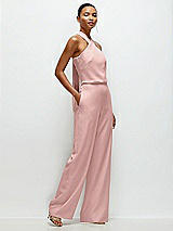 Side View Thumbnail - Rose - PANTONE Rose Quartz Pleated Halter Blouson Crepe Wedding Jumpsuit with Self-Tie Bow Back