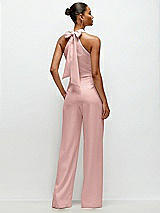 Rear View Thumbnail - Rose - PANTONE Rose Quartz Pleated Halter Blouson Crepe Wedding Jumpsuit with Self-Tie Bow Back