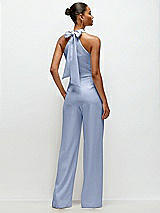 Rear View Thumbnail - Sky Blue Pleated Halter Blouson Crepe Wedding Jumpsuit with Self-Tie Bow Back