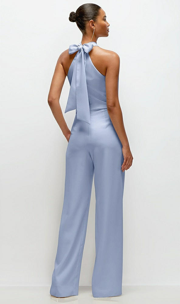 Back View - Sky Blue Pleated Halter Blouson Crepe Wedding Jumpsuit with Self-Tie Bow Back