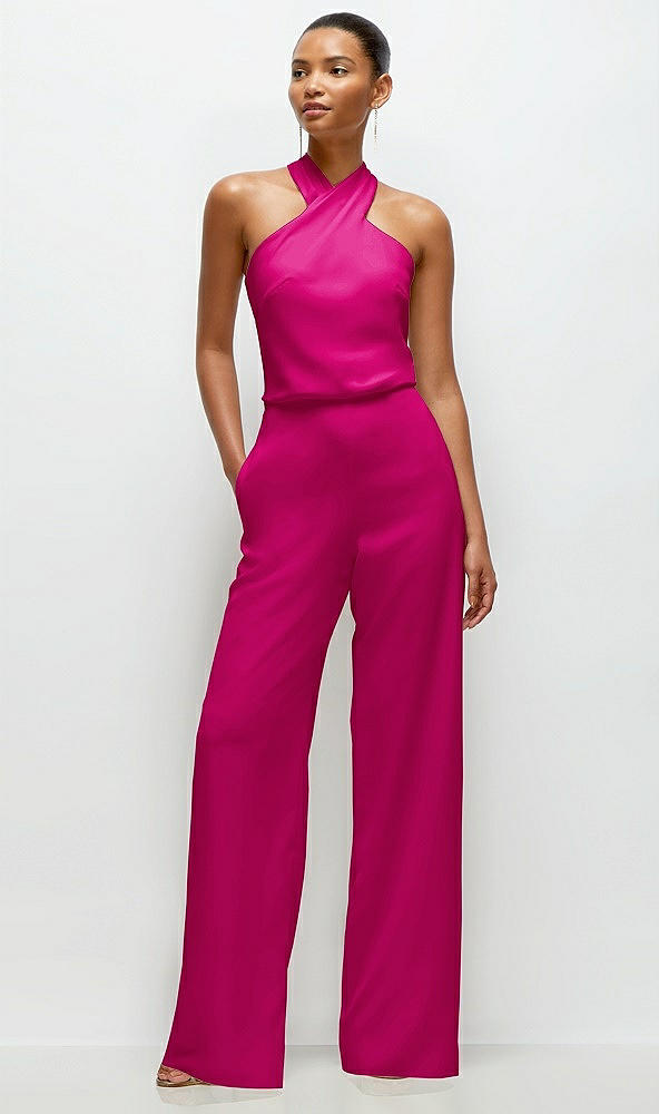 Front View - Think Pink Pleated Halter Blouson Crepe Wedding Jumpsuit with Self-Tie Bow Back