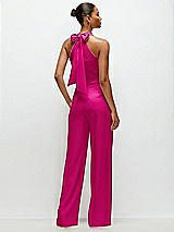 Rear View Thumbnail - Think Pink Pleated Halter Blouson Crepe Wedding Jumpsuit with Self-Tie Bow Back