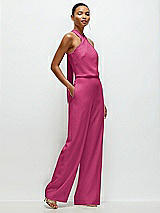 Side View Thumbnail - Tea Rose Pleated Halter Blouson Crepe Wedding Jumpsuit with Self-Tie Bow Back