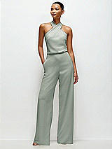 Front View Thumbnail - Willow Green Pleated Halter Blouson Crepe Wedding Jumpsuit with Self-Tie Bow Back