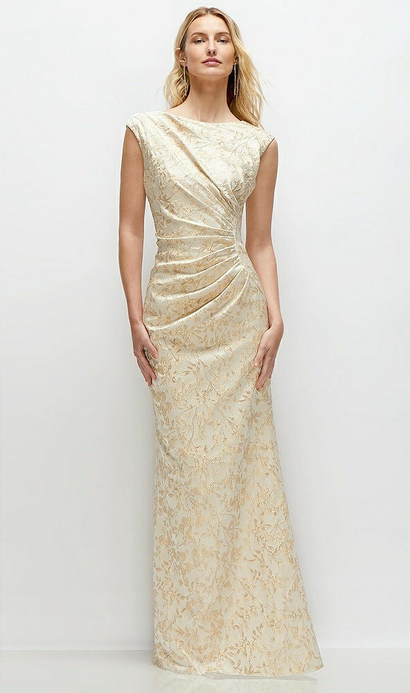 Front View - Champagne Filigree Sleeveless Cap Shoulder Champagne Filigree Brocade Maxi Dress with Trumpet Skirt