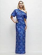 Front View Thumbnail - Cobalt Jacquard Asymmetrical Off-the-Shoulder Cobalt Floral Metallic Jacquard Maxi Dress