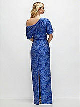 Rear View Thumbnail - Cobalt Jacquard Asymmetrical Off-the-Shoulder Cobalt Floral Metallic Jacquard Maxi Dress