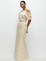 Side View Thumbnail - Champagne Filigree Asymmetrical Off-the-Shoulder Champagne Filigree Brocade Maxi Dress