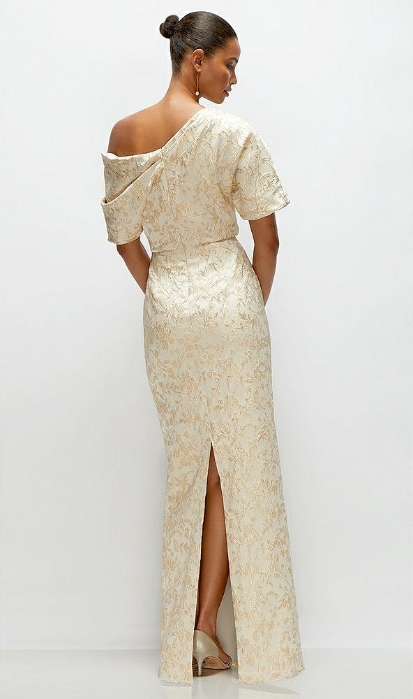 Back View - Champagne Filigree Asymmetrical Off-the-Shoulder Champagne Filigree Brocade Maxi Dress