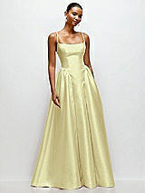 Front View Thumbnail - Butter Yellow Scoop Neck Drop Basque Skirt Satin Maxi Dress with Pockets