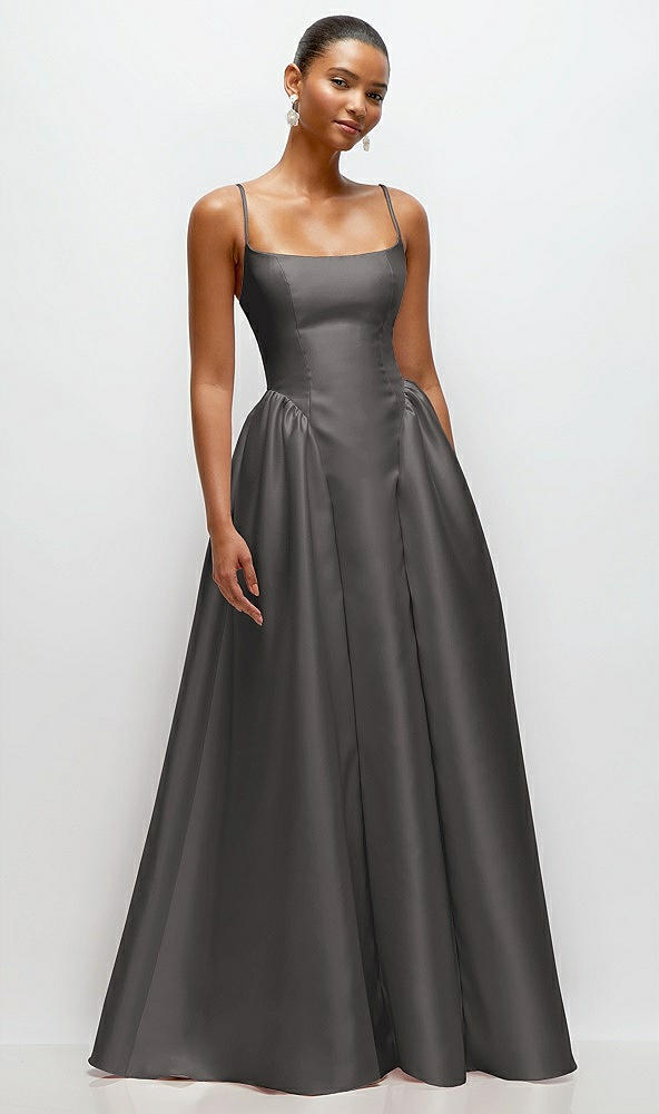 Front View - Caviar Gray Scoop Neck Drop Basque Skirt Satin Maxi Dress with Pockets