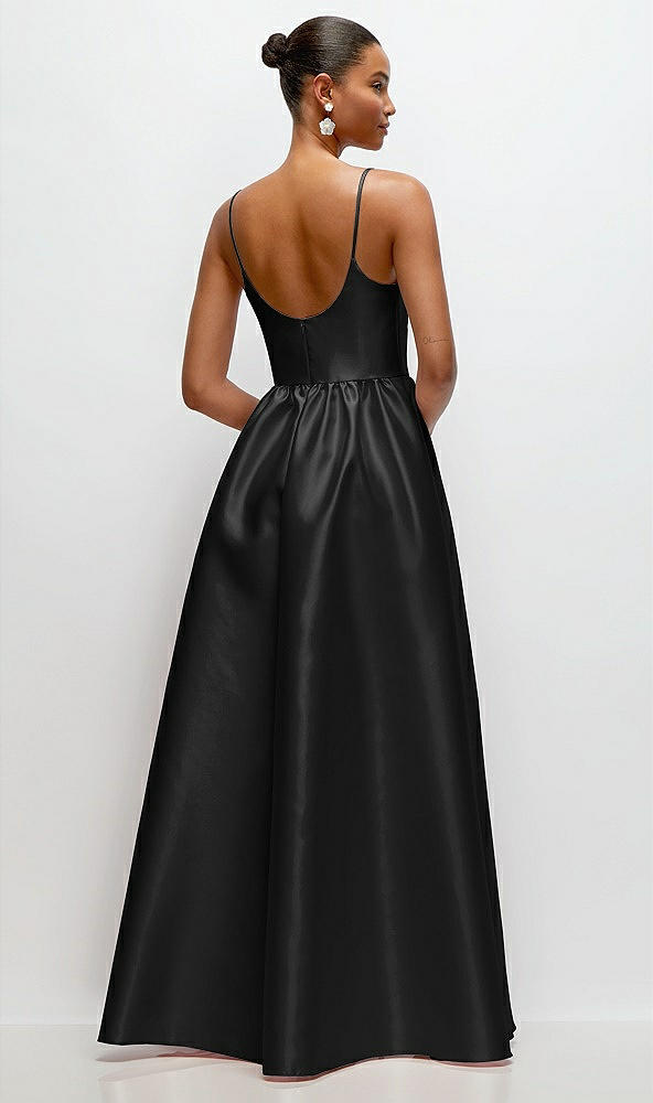 Back View - Black Scoop Neck Drop Basque Skirt Satin Maxi Dress with Pockets