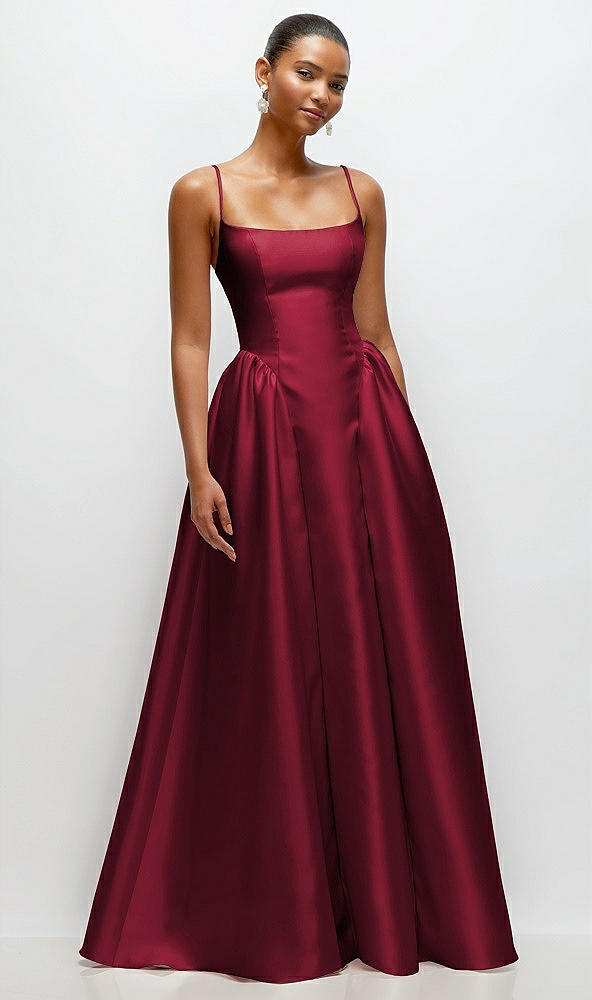 Front View - Burgundy Scoop Neck Drop Basque Skirt Satin Maxi Dress with Pockets