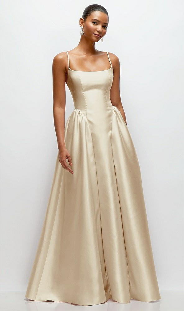 Front View - Champagne Scoop Neck Drop Basque Skirt Satin Maxi Dress with Pockets