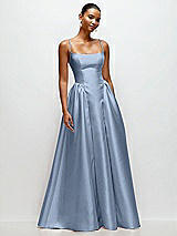 Front View Thumbnail - Cloudy Scoop Neck Drop Basque Skirt Satin Maxi Dress with Pockets