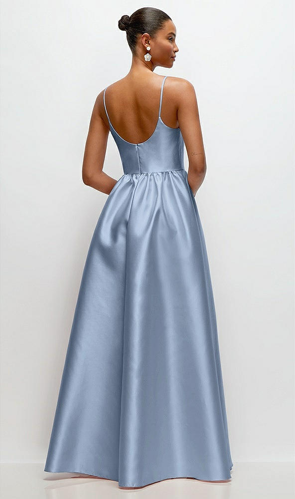 Back View - Cloudy Scoop Neck Drop Basque Skirt Satin Maxi Dress with Pockets