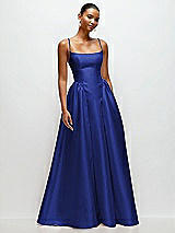 Front View Thumbnail - Cobalt Blue Scoop Neck Drop Basque Skirt Satin Maxi Dress with Pockets