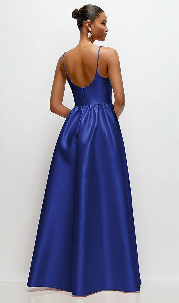 Back View - Cobalt Blue Scoop Neck Drop Basque Skirt Satin Maxi Dress with Pockets