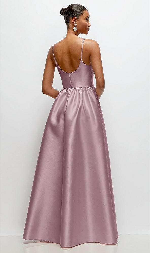 Back View - Dusty Rose Scoop Neck Drop Basque Skirt Satin Maxi Dress with Pockets