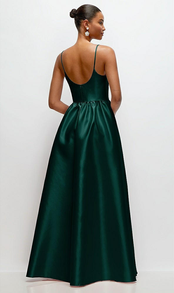 Back View - Evergreen Scoop Neck Drop Basque Skirt Satin Maxi Dress with Pockets