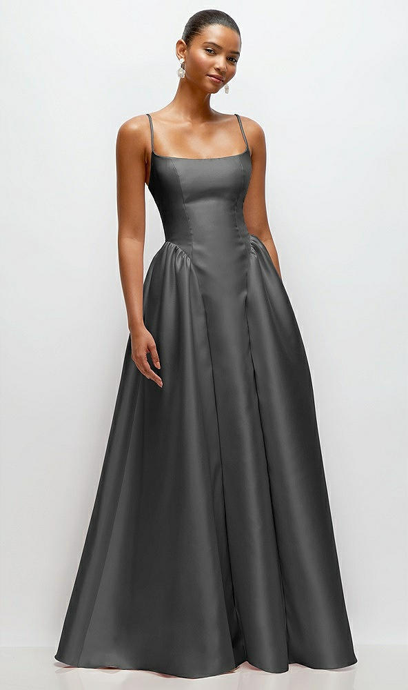 Front View - Gunmetal Scoop Neck Drop Basque Skirt Satin Maxi Dress with Pockets