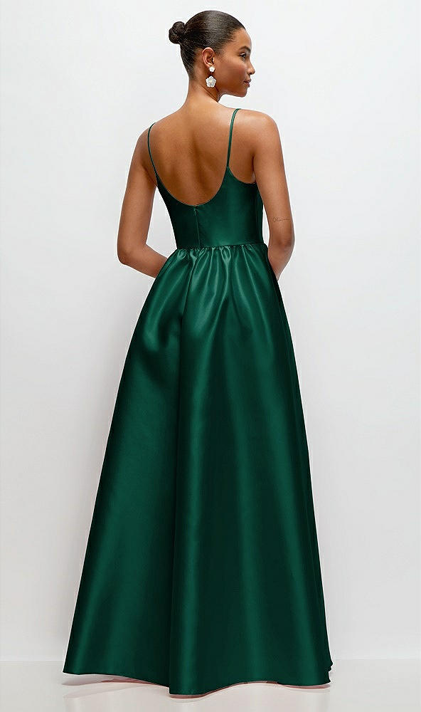 Back View - Hunter Green Scoop Neck Drop Basque Skirt Satin Maxi Dress with Pockets