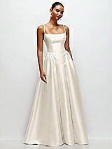 Front View Thumbnail - Ivory Scoop Neck Drop Basque Skirt Satin Maxi Dress with Pockets