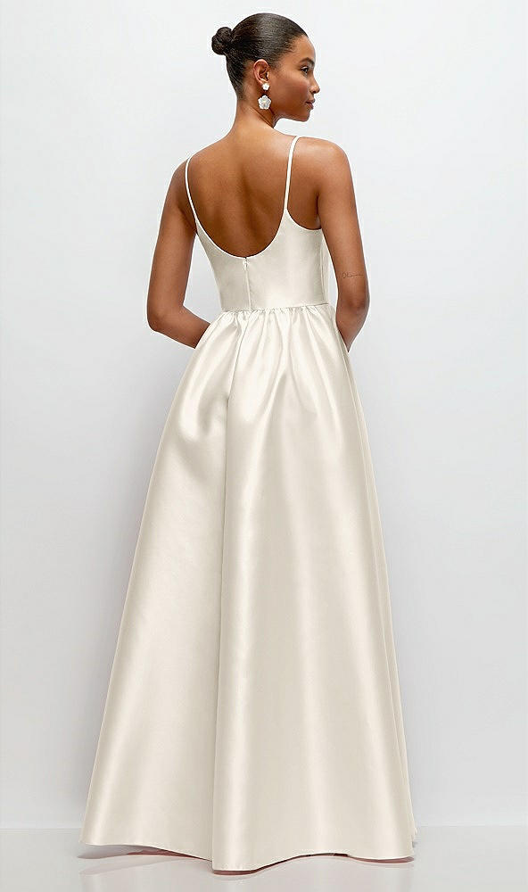 Back View - Ivory Scoop Neck Drop Basque Skirt Satin Maxi Dress with Pockets