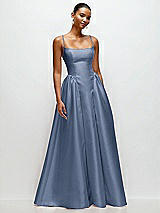 Front View Thumbnail - Larkspur Blue Scoop Neck Drop Basque Skirt Satin Maxi Dress with Pockets