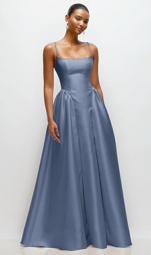 Front View - Larkspur Blue Scoop Neck Drop Basque Skirt Satin Maxi Dress with Pockets