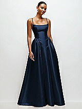 Front View Thumbnail - Midnight Navy Scoop Neck Drop Basque Skirt Satin Maxi Dress with Pockets