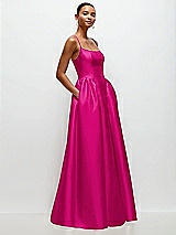 Side View Thumbnail - Think Pink Scoop Neck Drop Basque Skirt Satin Maxi Dress with Pockets