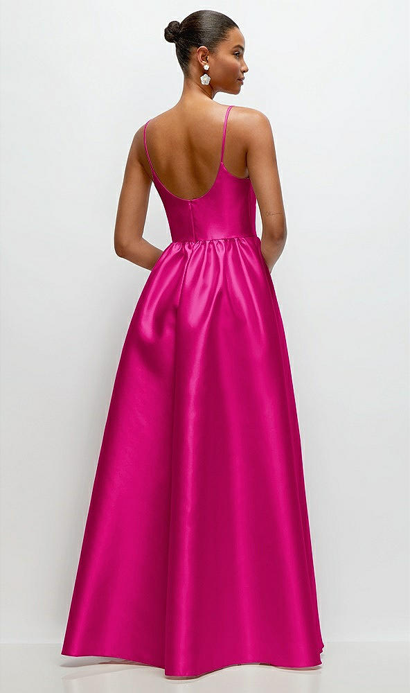 Back View - Think Pink Scoop Neck Drop Basque Skirt Satin Maxi Dress with Pockets