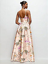 Rear View Thumbnail - Butterfly Botanica Pink Sand Scoop Neck Drop Basque Skirt Floral Satin Maxi Dress with Pockets