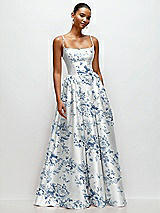 Front View Thumbnail - Cottage Rose Larkspur Scoop Neck Drop Basque Skirt Floral Satin Maxi Dress with Pockets