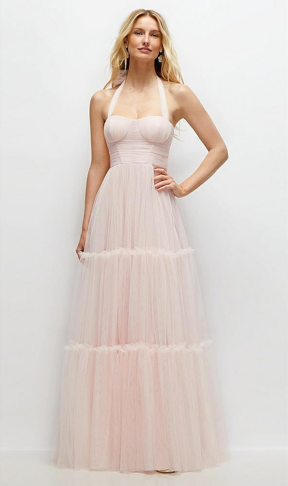 Front View - Ballet Pink Bustier-Style Neu Tulle Tiered Maxi Dress with Convertible Straps