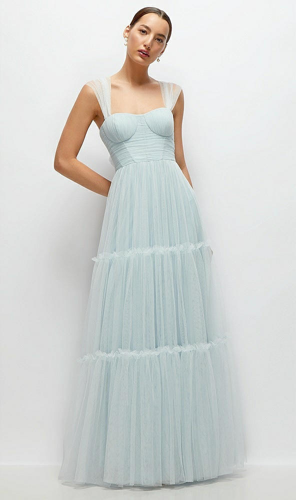 Front View - Mist Bustier-Style Neu Tulle Tiered Maxi Dress with Convertible Straps