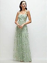 Front View Thumbnail - Celadon Shirred 3D Sequin Embroidery Floral Maxi Dress with Petal-Adorned Straps