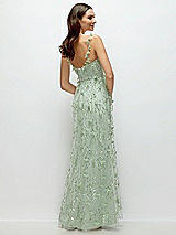 Rear View Thumbnail - Celadon Shirred 3D Sequin Embroidery Floral Maxi Dress with Petal-Adorned Straps