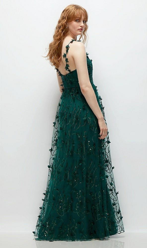 Back View - Evergreen Shirred 3D Sequin Embroidery Floral Maxi Dress with Petal-Adorned Straps