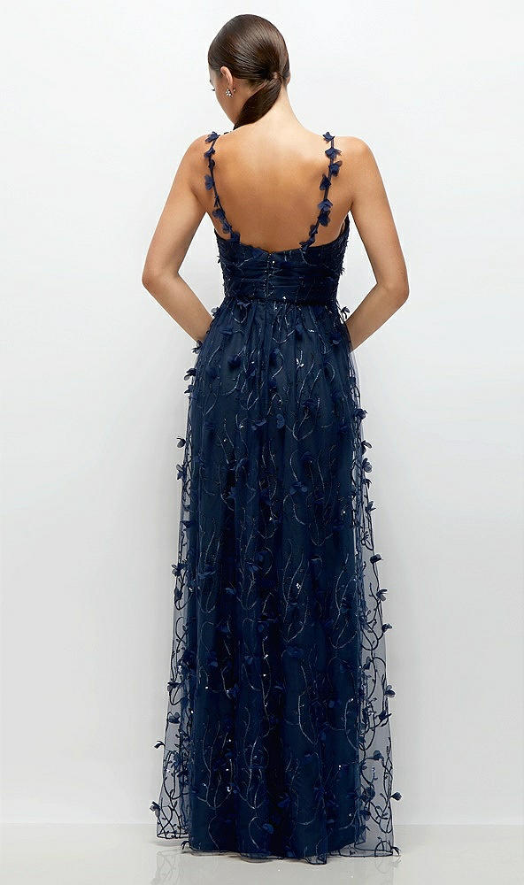 Back View - Midnight Navy Shirred 3D Sequin Embroidery Floral Maxi Dress with Petal-Adorned Straps